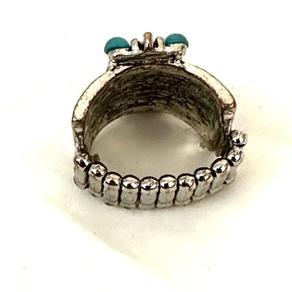 Blue and orange silver tone stretchy ring